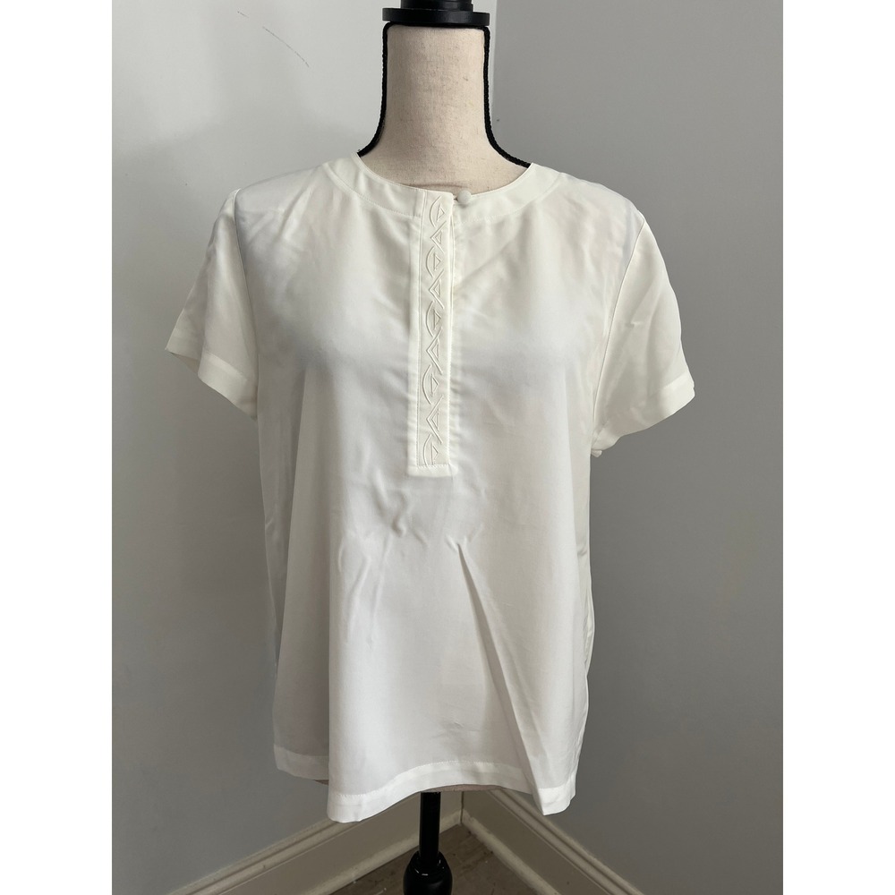 Vintage French Blouse 40 Embroidered Short Sleeve White Minimalist Office Chic M